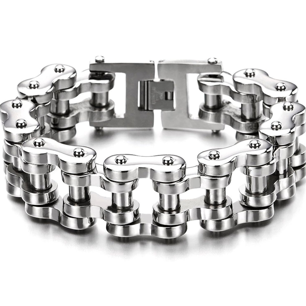 Heavy Stainless Steel Motorcycle Chain Bracelet – Silver, 9” Polished Link
